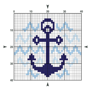 A cross stitch pattern of an anchor with waves in the background