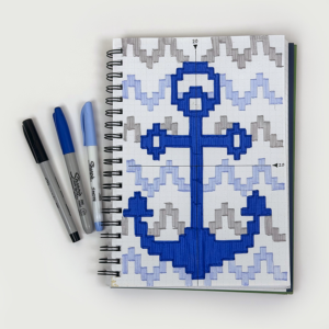 A graph paper sketch of an anchor design with waves in the background