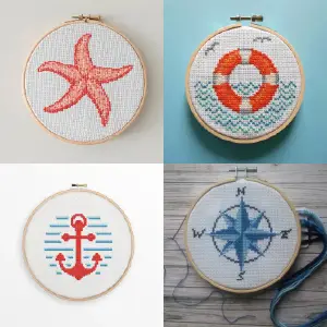 Cross stitch design references, a star fish, a life ring, an anchor, and a compass rose