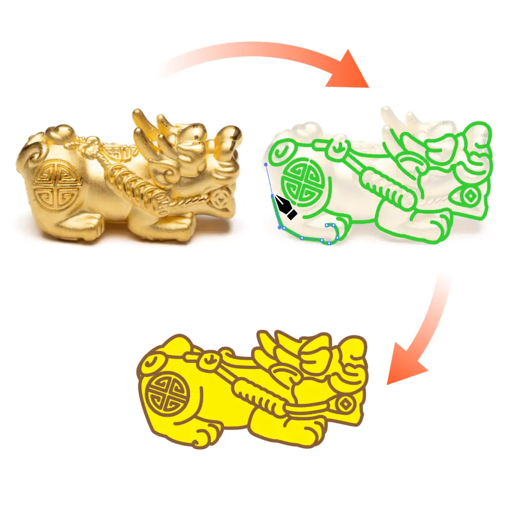 A flow chart showing a gold dragon bead being converted into a vector illustration
