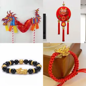 Examples of Dragon Themed Crafts, Dragon Puppet, Wall Hanging, and Bracelets